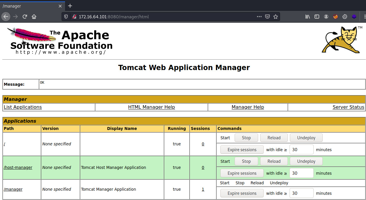 172.16.64.101 Tomcat Manager Landing Page