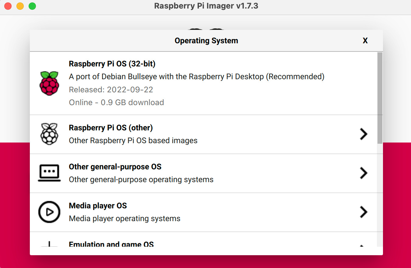 raspberry pi imager menu os